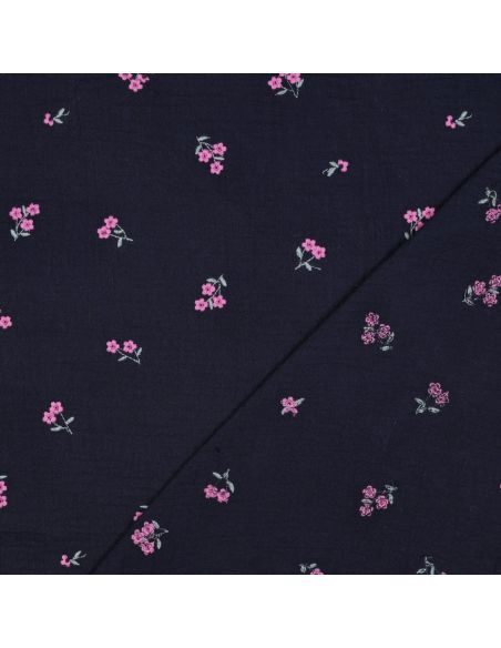 Tissu double gaze de coton brodé fleurs - Bleu marine