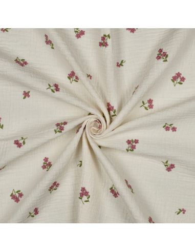 Tissu double gaze de coton brodé fleurs - Naturel
