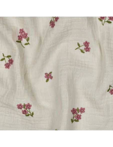 Tissu double gaze de coton brodé fleurs - Naturel