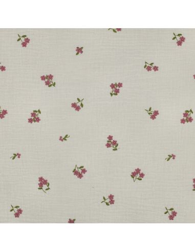 Tissu double gaze de coton brodé fleurs - Naturel