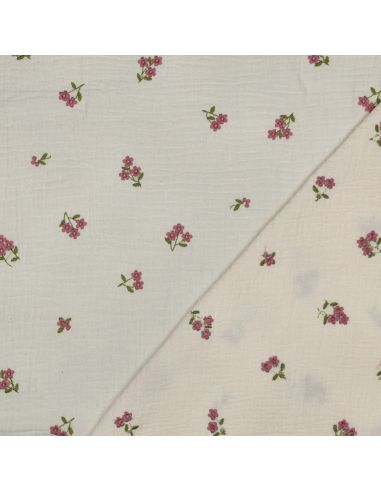 Tissu double gaze de coton brodé fleurs - Naturel
