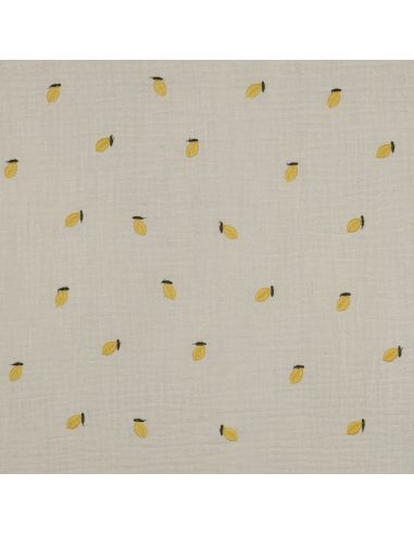 Tissu double gaze de coton brodé citrons - Naturel