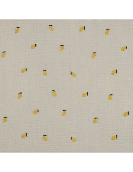 Tissu double gaze de coton brodé citrons - Naturel