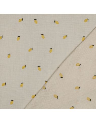 Tissu double gaze de coton brodé citrons - Naturel