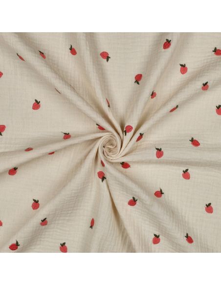 Tissu double gaze de coton brodé pêches - Naturel
