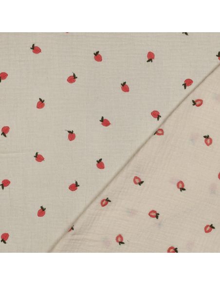 Tissu double gaze de coton brodé pêches - Naturel