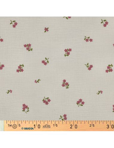 Tissu double gaze de coton brodé fleurs - Naturel