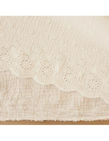 Tissu double gaze broderie anglaise festonnée - Naturel