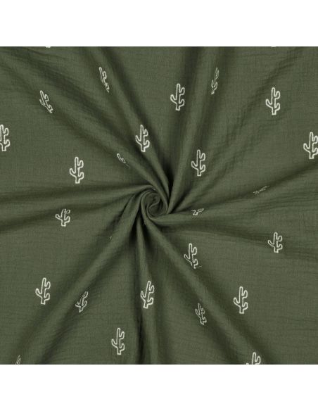 Tissu double gaze de coton brodé cactus - Kaki