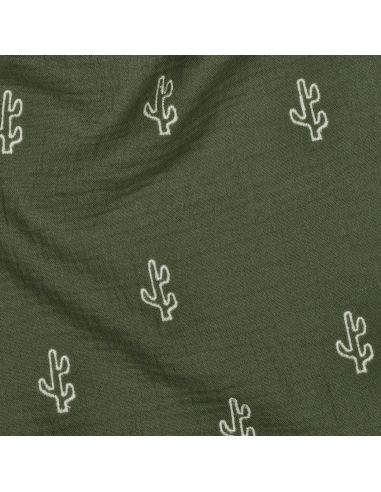 Tissu double gaze de coton brodé cactus - Kaki