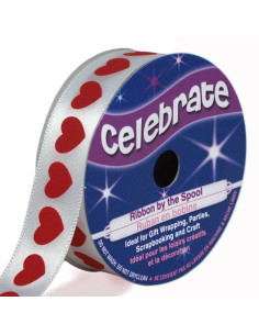 Ruban satin Celebrate blanc imprimé coeurs rouges - 16 mm x 4 mètres