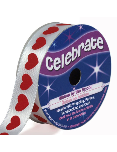 Ruban satin Celebrate blanc imprimé coeurs rouges - 16 mm x 4 mètres