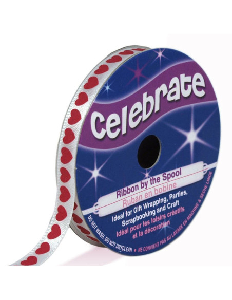 Ruban satin Celebrate blanc imprimé coeurs fushia - 6 mm x 4 mètres