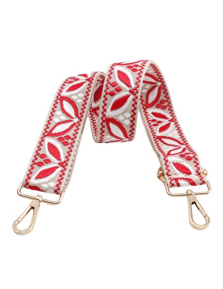 Sangle de sac avec mousquetons - Feuilles rouge fond beige