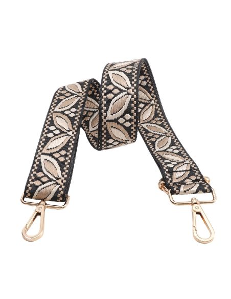 Sangle de sac avec mousquetons - Feuilles beige fond noir