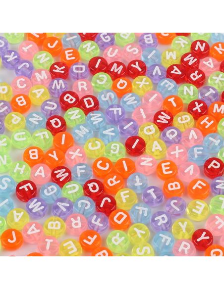 Sachet de 100 perles rondes couleurs transparentes - Lettres blanches