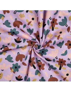 Tissu popeline de coton Jennifer Bouron - Fleurs marron sur fond parme