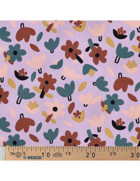 Tissu popeline de coton Jennifer Bouron - Fleurs marron sur fond parme