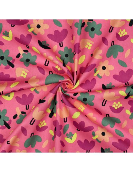 Tissu popeline de coton Jennifer Bouron - Fleurs verte sur fond rose