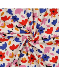 Tissu popeline de coton Jennifer Bouron - Fleurs bleu sur fond écru