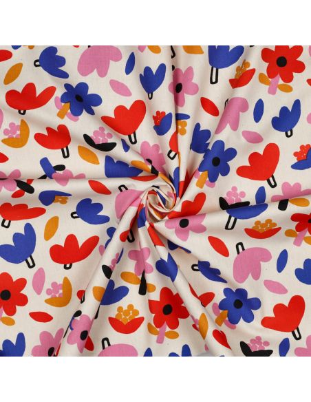 Tissu popeline de coton Jennifer Bouron - Fleurs bleu sur fond écru