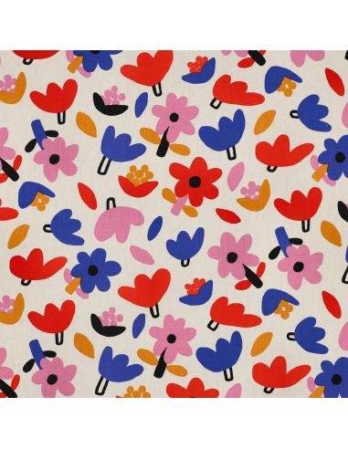 Tissu popeline de coton Jennifer Bouron - Fleurs bleu sur fond écru