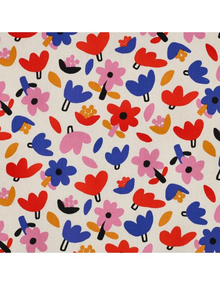 Tissu popeline de coton Jennifer Bouron - Fleurs bleu sur fond écru