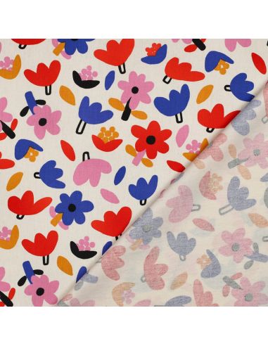 Tissu popeline de coton Jennifer Bouron - Fleurs bleu sur fond écru