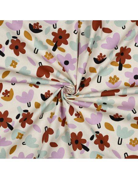 Tissu popeline de coton Jennifer Bouron - Fleurs marron sur fond écru