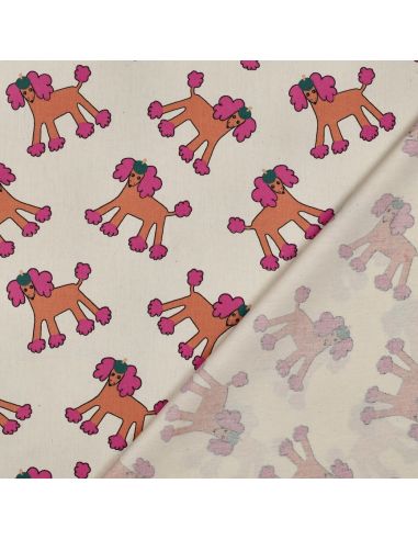 Tissu popeline de coton Jennifer Bouron - Chiens rose sur fond naturel