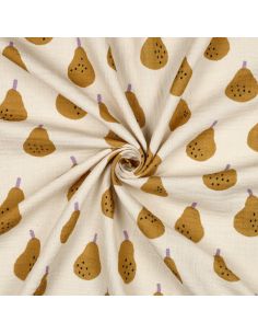 Tissu double gaze imprimé - Poires ocre sur fond naurel
