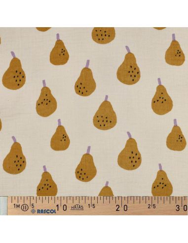 Tissu double gaze imprimé - Poires ocre sur fond naurel