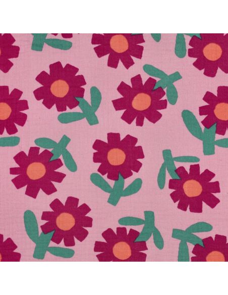 Tissu double gaze imprimé Jennifer Bouron - Fleurs fushia sur fond rose
