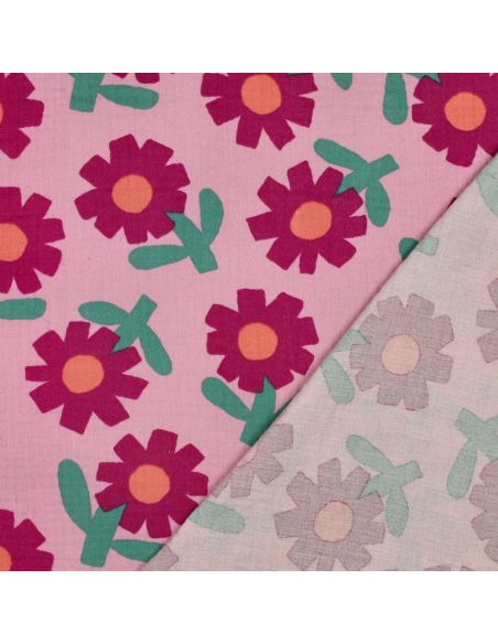 Tissu double gaze imprimé Jennifer Bouron - Fleurs fushia sur fond rose