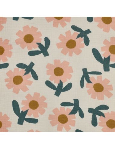 Tissu double gaze imprimé Jennifer Bouron - Fleurs pêche sur fond naturel