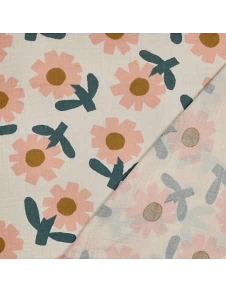 Tissu double gaze imprimé Jennifer Bouron - Fleurs pêche sur fond naturel