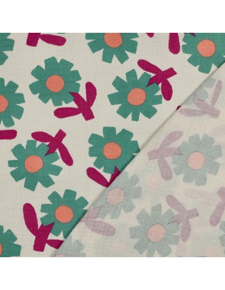 Tissu double gaze imprimé Jennifer Bouron - Fleurs vertes sur fond naturel