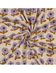 Tissu jersey coton maille côtelé Jennifer Bouron - Fleurs parme sur fond naturel