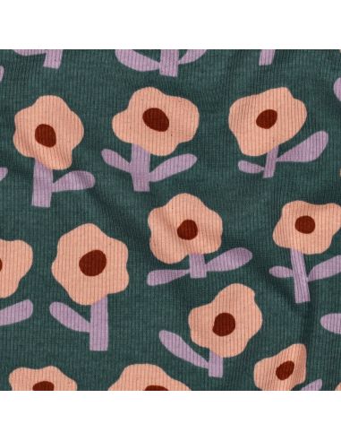 Tissu jersey coton maille côtelé Jennifer Bouron - Fleurs pêche sur fond vert