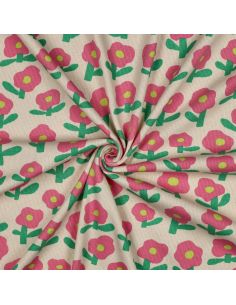 Tissu jersey coton maille côtelé Jennifer Bouron - Fleurs roses sur fond naturel