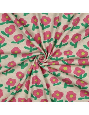 Tissu jersey coton maille côtelé Jennifer Bouron - Fleurs roses sur fond naturel