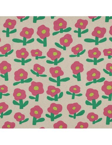 Tissu jersey coton maille côtelé Jennifer Bouron - Fleurs roses sur fond naturel