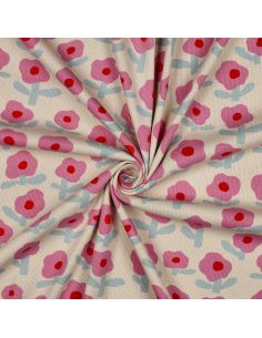Tissu jersey coton maille côtelé Jennifer Bouron - Fleurs roses sur fond naturel