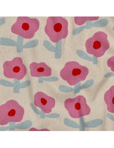 Tissu jersey coton maille côtelé Jennifer Bouron - Fleurs roses sur fond naturel 2