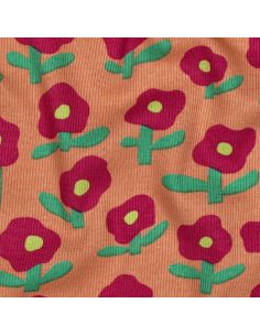 Tissu jersey coton maille côtelé Jennifer Bouron - Fleurs rouge sur fond melon 2