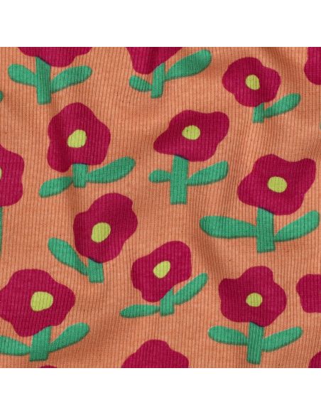 Tissu jersey coton maille côtelé Jennifer Bouron - Fleurs rouge sur fond melon