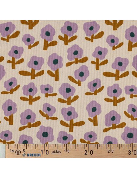 Tissu jersey coton maille côtelé Jennifer Bouron - Fleurs parme sur fond naturel