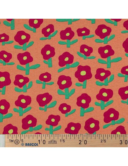 Tissu jersey coton maille côtelé Jennifer Bouron - Fleurs rouge sur fond melon