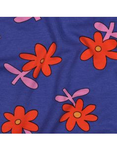 Tissu jersey imprimé Jennifer Bouron - Fleurs rouge sur fond bleu 2