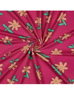 Tissu jersey imprimé Jennifer Bouron - Fleurs pêche sur fond fuchsia